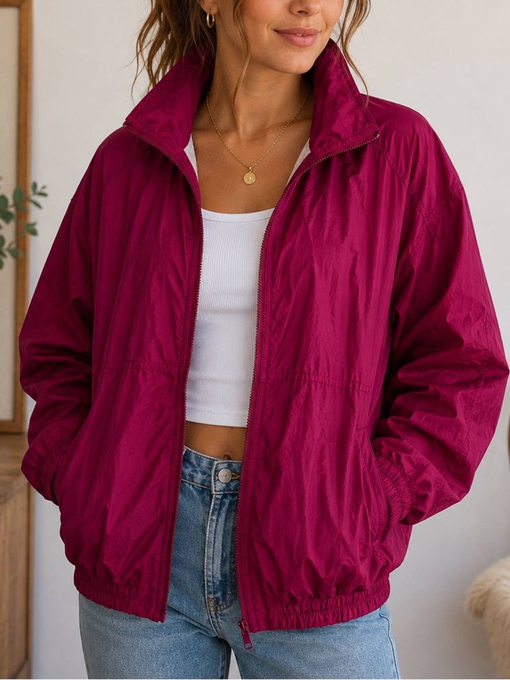 Sports Accent Vintage Purple Windbreaker Jacket Women’s Medium Full Zip